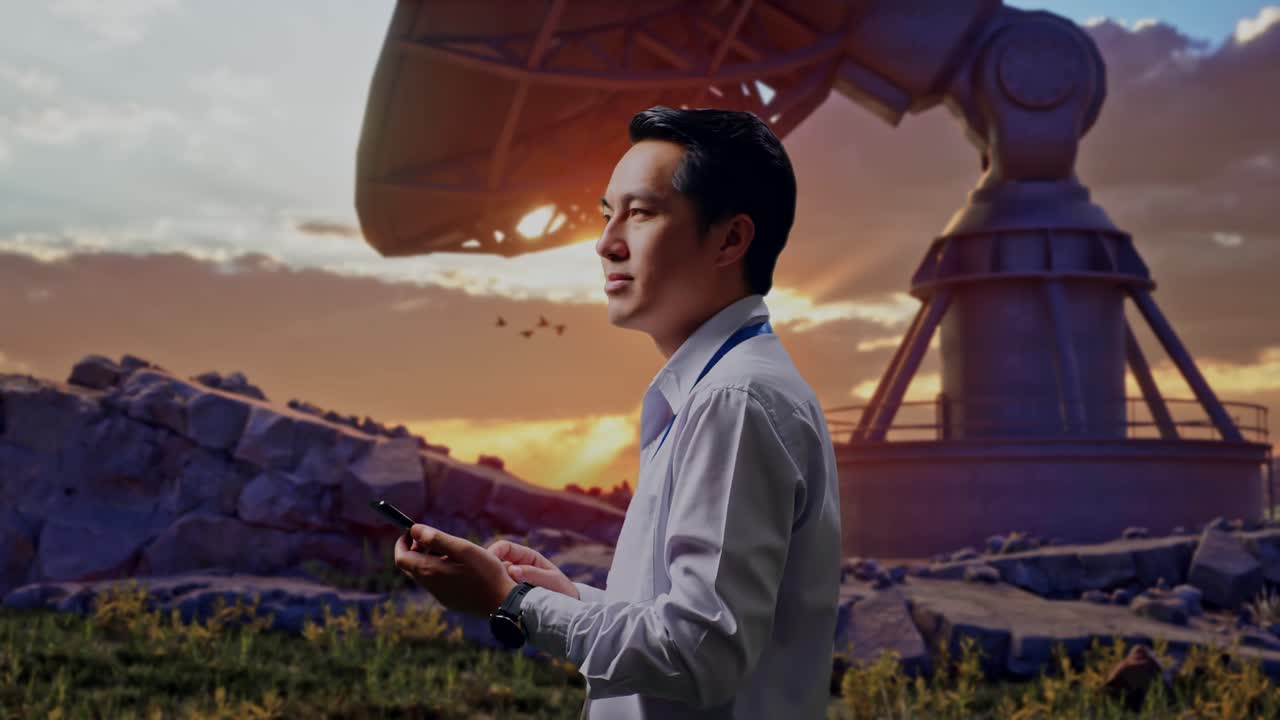 Side View Of An Asian Male Professional Worker Standing With Large Satellite Dish, Observes By Looking Up Then He Come To Concentrating On The Phone And Keep On Checking