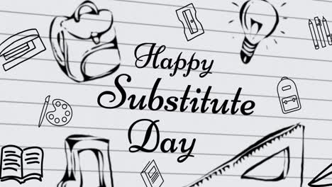 animation of happy substitute day text over school icons on white background