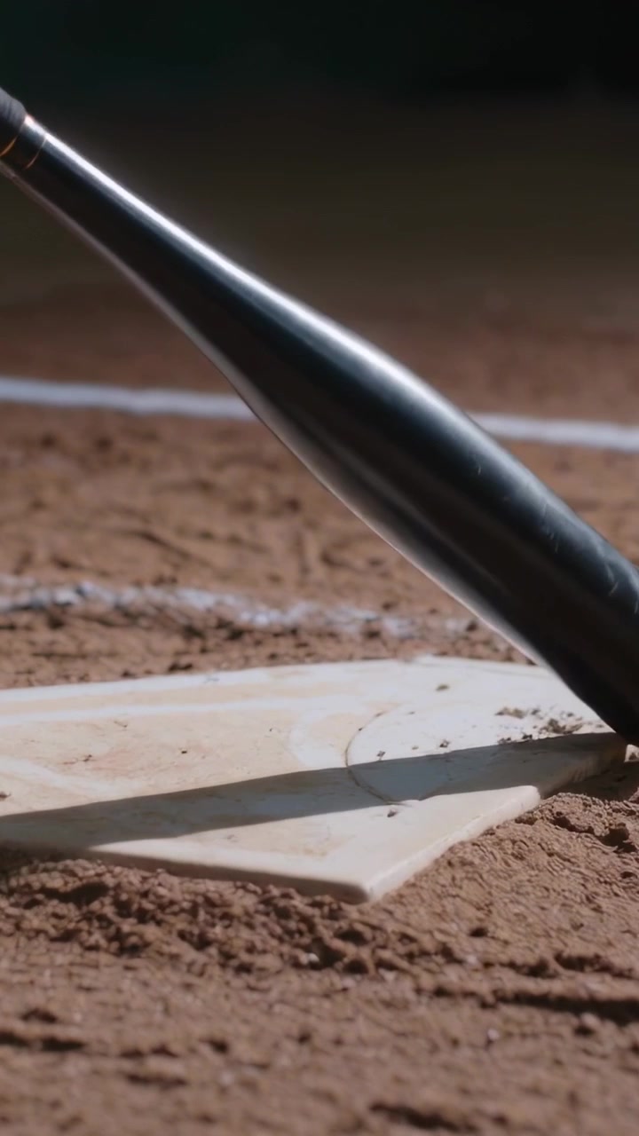 Vertical video: Skimming dark baseball bat moving across home plate during swing, kicking dust