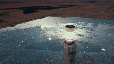 solar power tower focused sunlight for movable mirrors at the desert in a cloudless day- close up tilt down drone dolly in shot