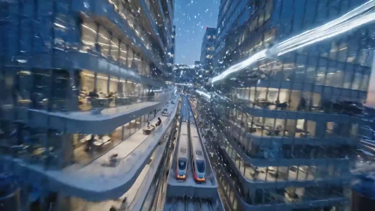 Winterliche Stadtlandschaft: Eine atemberaubende Luftaufnahme von schneebedeckten Stadttürmen inmitten einer wunderschönen Dämmerungsszene mit Lichtspuren vorbeifahrender Züge und sanftem Schneefall.