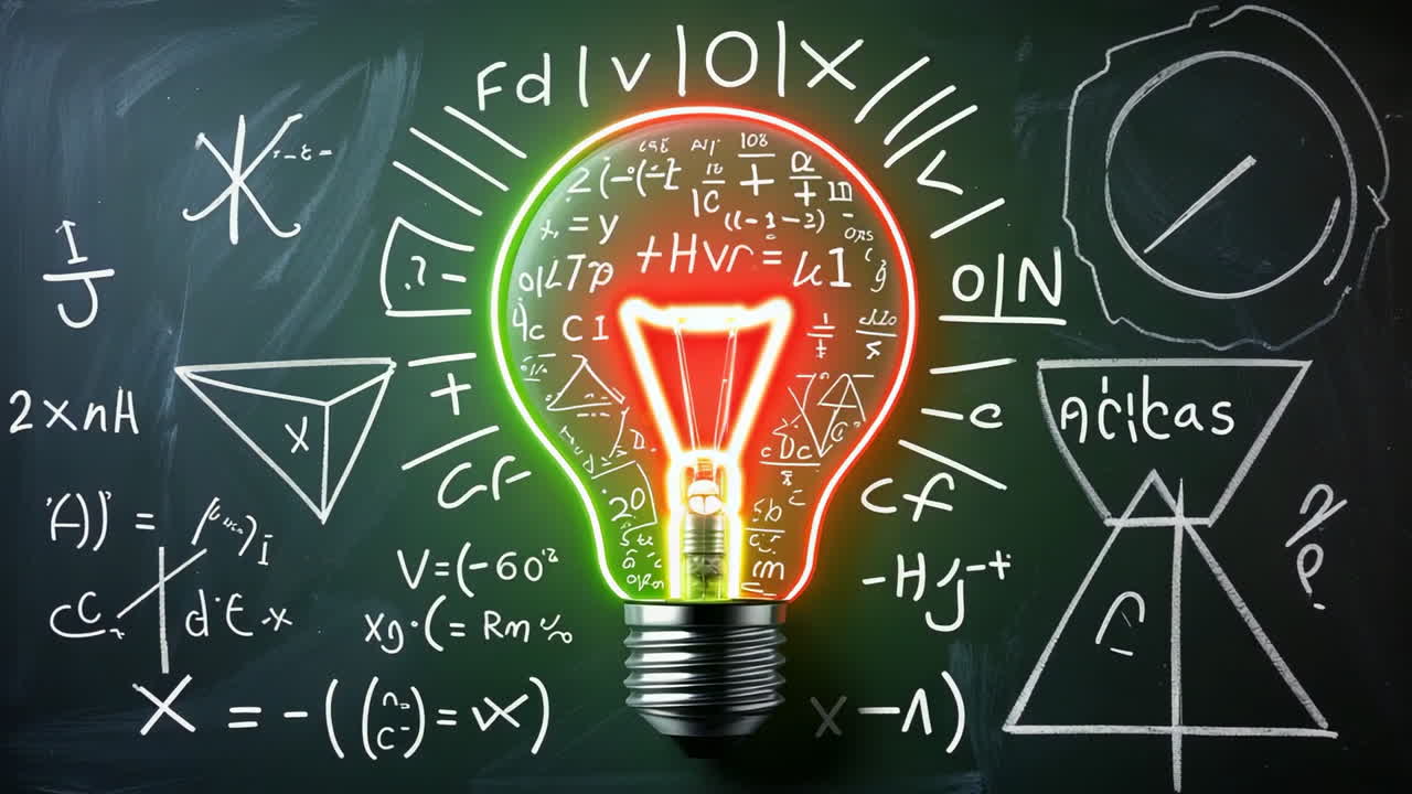 Light Bulb Filled with Scientific and Mathematical Formulas on a Blackboard