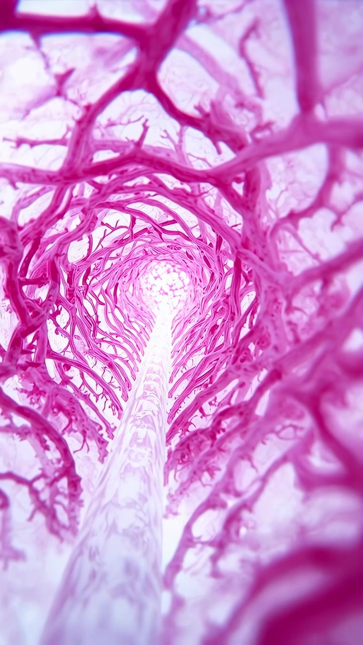 Vertical video: Start viewpoint rising through branched tube toward bright portal with pale column