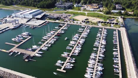 calm pier of tallinn city with many boats, aerial view