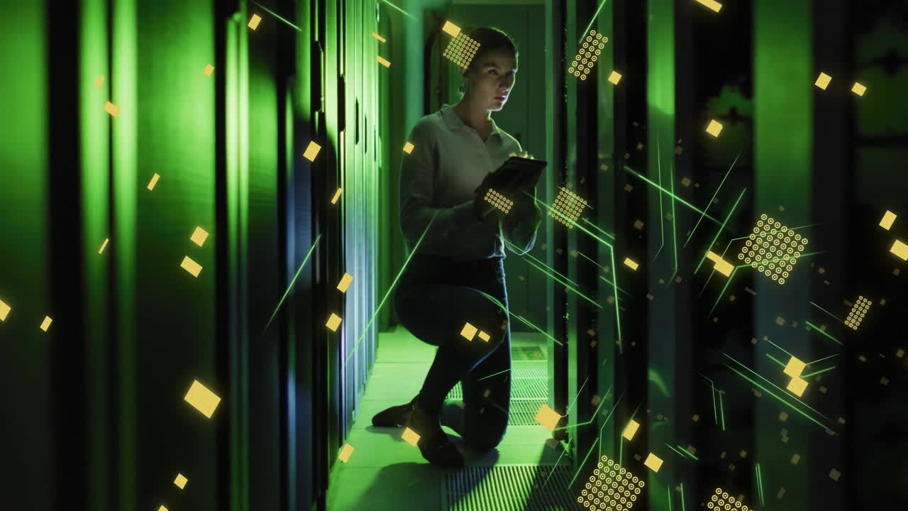 Animation of circuit board and data processing over caucasian female it engineer by computer servers