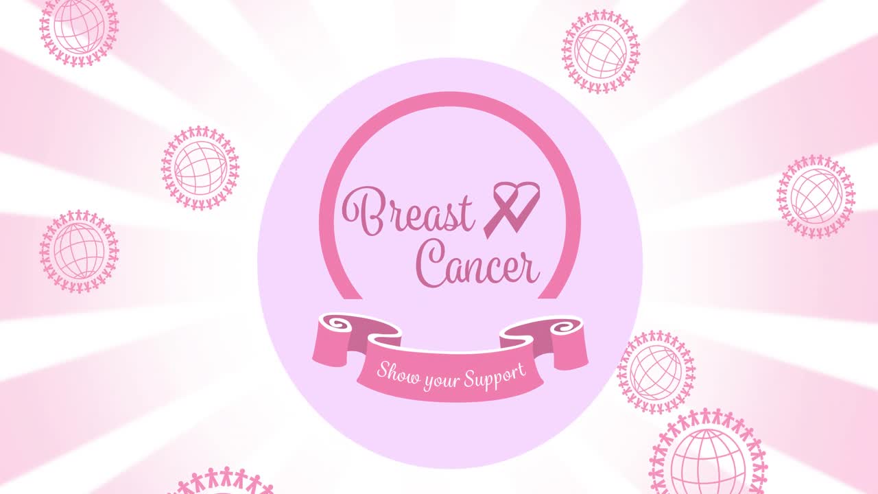 ⁇ 색 배경에 유방암 텍스트 위에 여러 개의 분홍색 지구 로고의 애니메이션