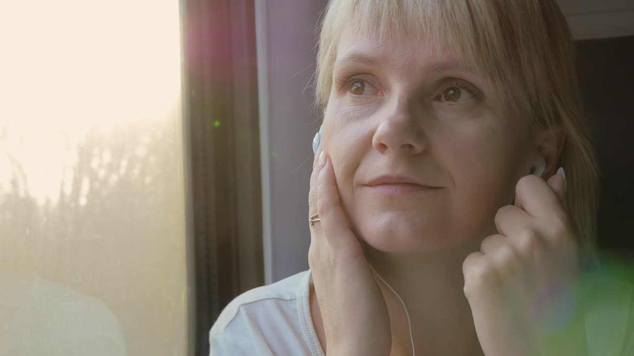 una mujer atractiva viaja en tren, escucha música con auriculares.