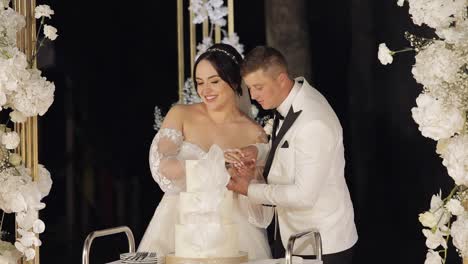 a wedding couple cutting the cake