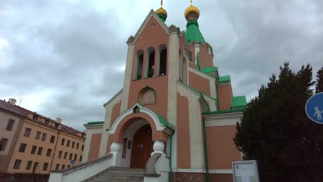 panning street view of front facade church of st