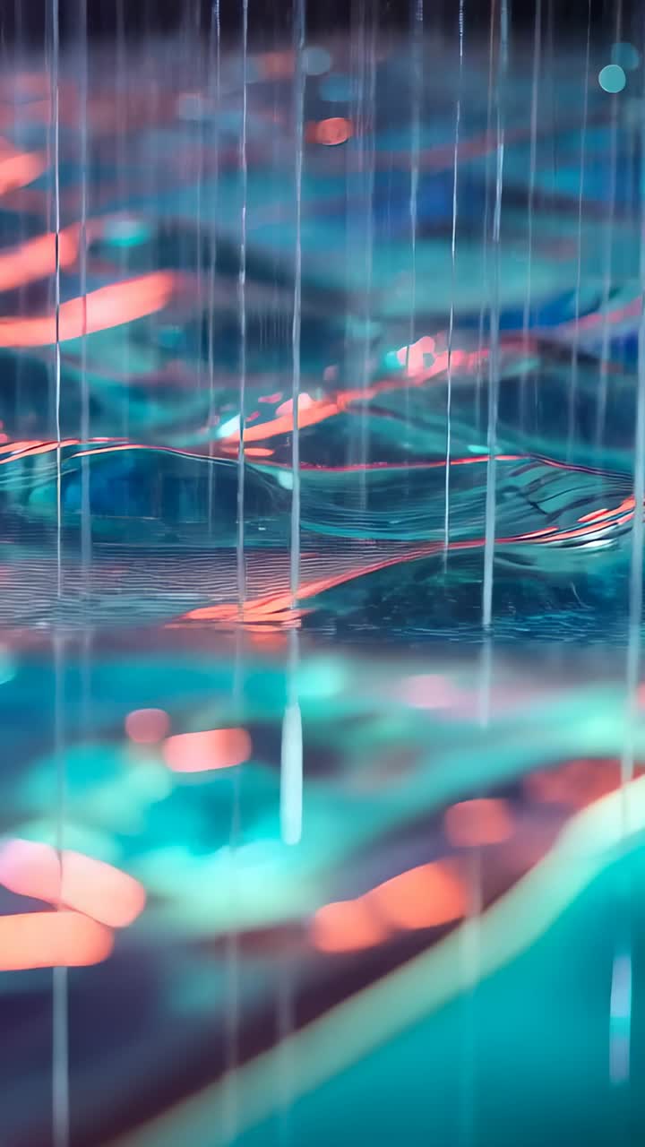 Vertical video: Starting rain, reflective surface rippling with falling streaks on set, teal light