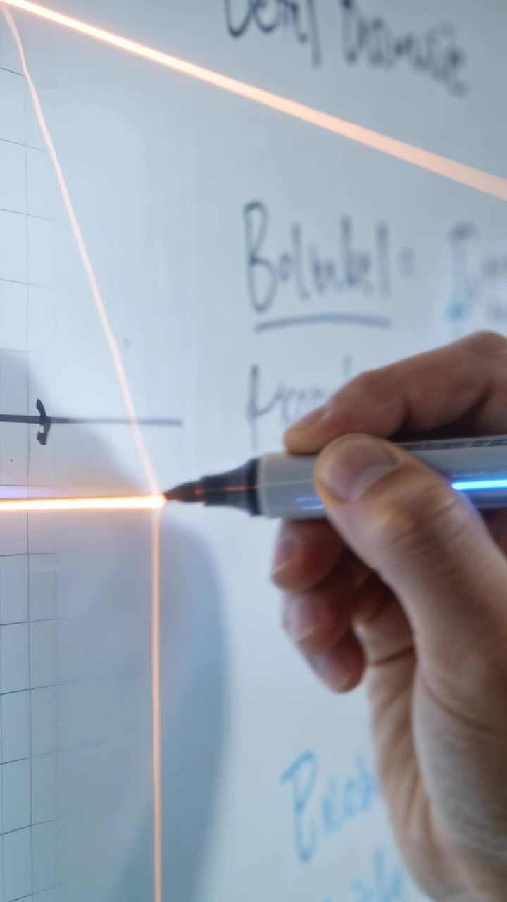 Vertical video: Laser guiding hand with cuff underlining title on whiteboard with blue-trim marker