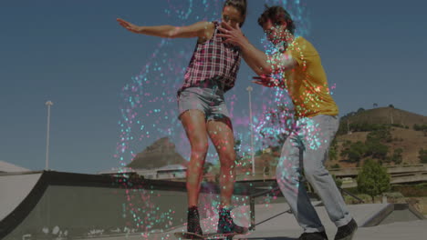 couple standing on skate ramp, interacting with swirling confetti animations in technology context