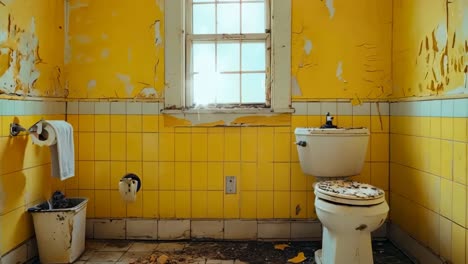 a bathroom with yellow walls and a white toilet