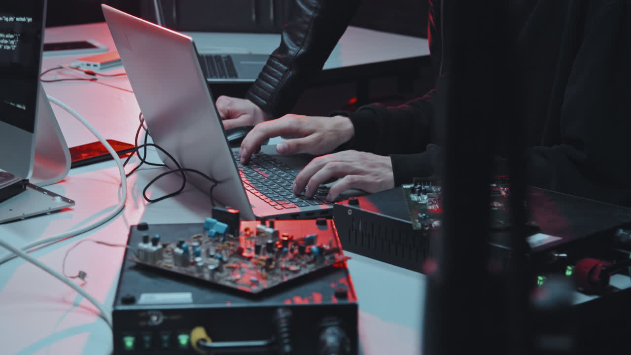 Unrecognizable Hackers Coding on Laptop