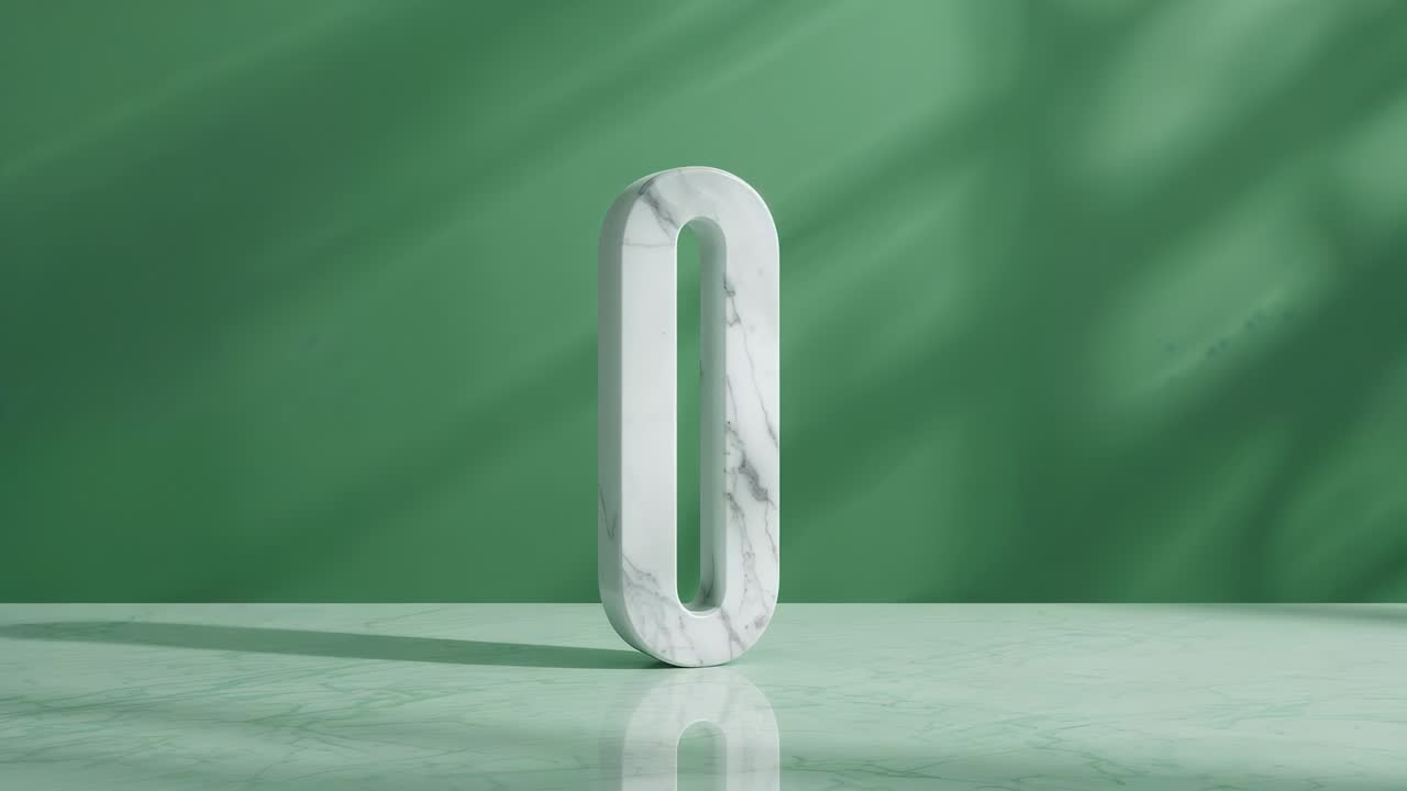 Starting rotation marble digit zero rotating on glossy tabletop revealing form, with shadows