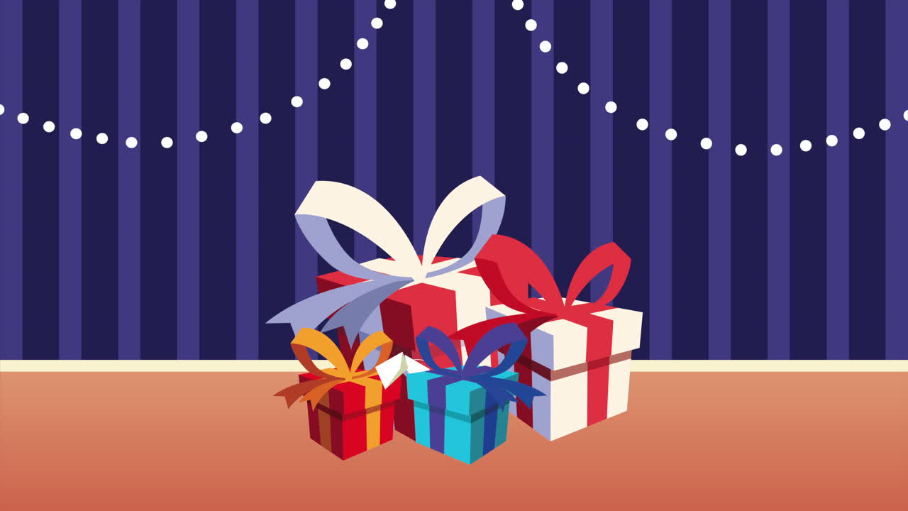 선물과 꽃줄이 있는 메리 크리스마스 애니메이션