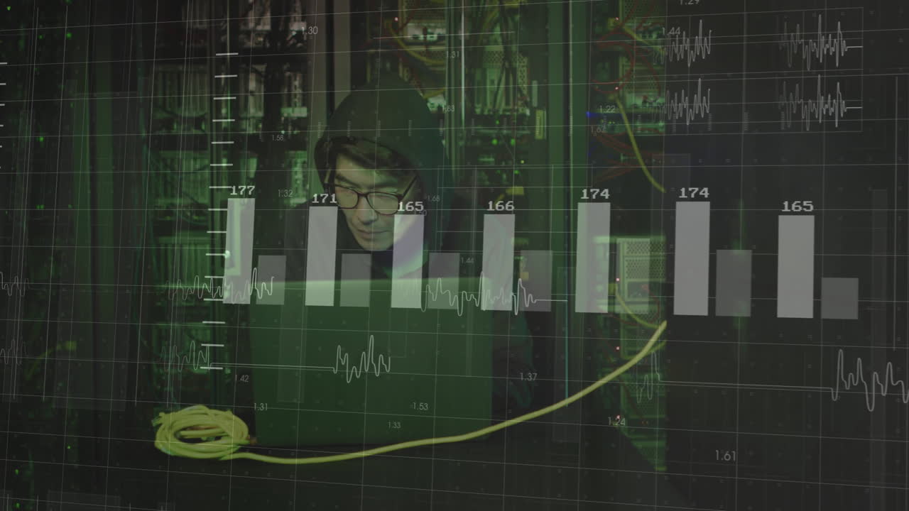 man analyzing data in technology server room, showing transparent bar charts, line graphs floating