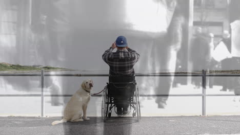 animation of people walking on street over disabled cuacasian man sitting in wheelchair