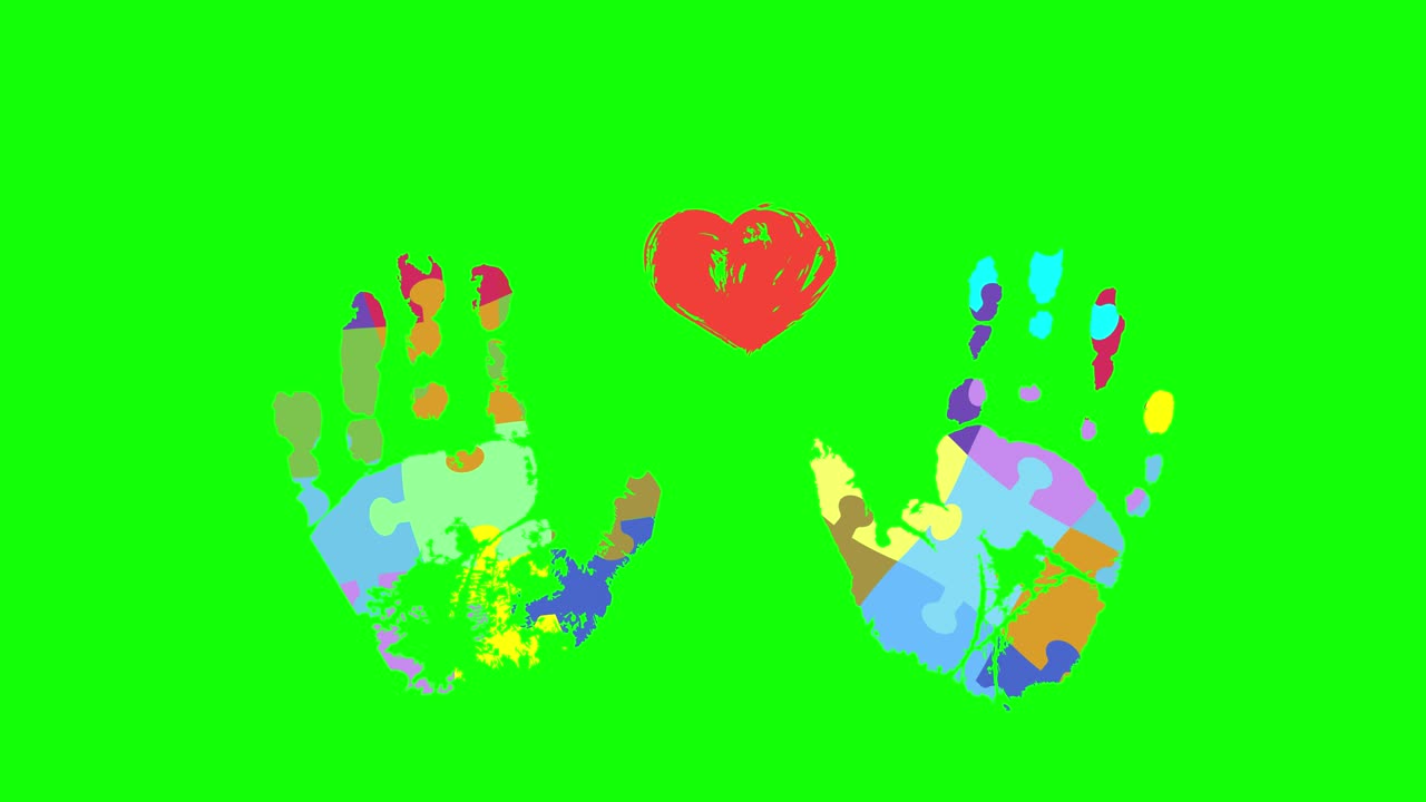 World autism awareness day. Animation of symbolic prints of children's palms from rainbow puzzles over green screen. Health care. 4k video graphic animation of World Autism Awareness Day