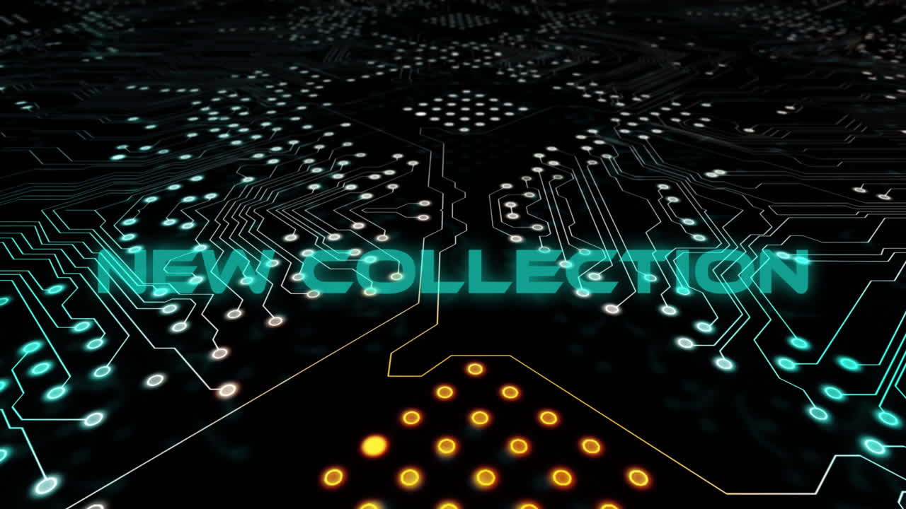 Animation of new collection text over aerial view of motherboard against black background