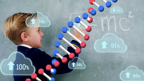 animation of dna strand and clouds with data processing over caucasian schoolboy