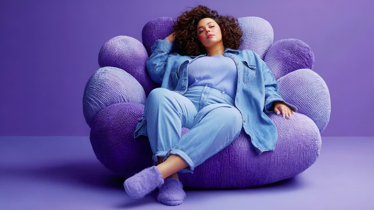 A fashionable young woman exudes confidence while lounging in a cozy, vibrant purple chair, showcasing a relaxed style in a soft, color-coordinated outfit that highlights comfort and chic aesthetics