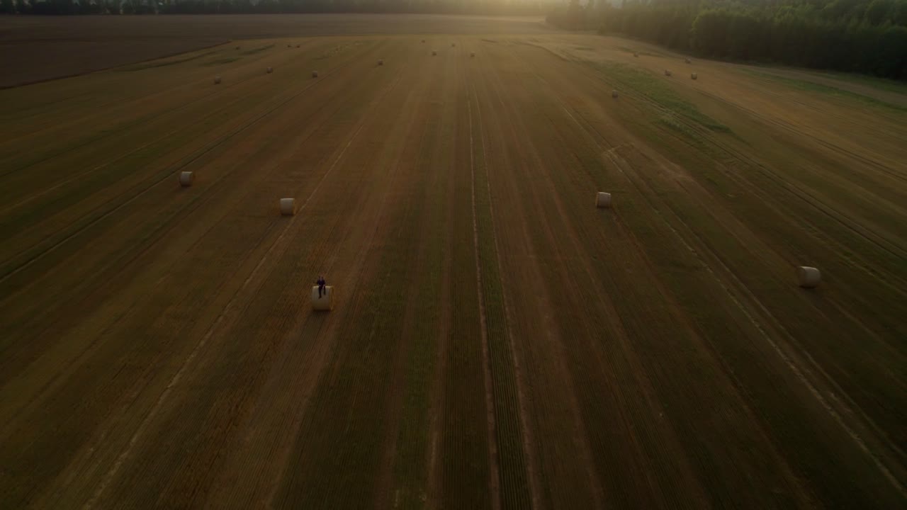 Ripresa aerea con drone su un vasto campo dorato con un uomo seduto su una balla di fieno dopo il raccolto, al tramonto.