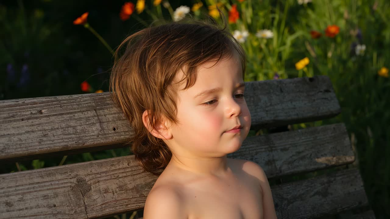 Lulling sunlight shirtless preschool boy closing eyes and tilting head at park bench wildflowers