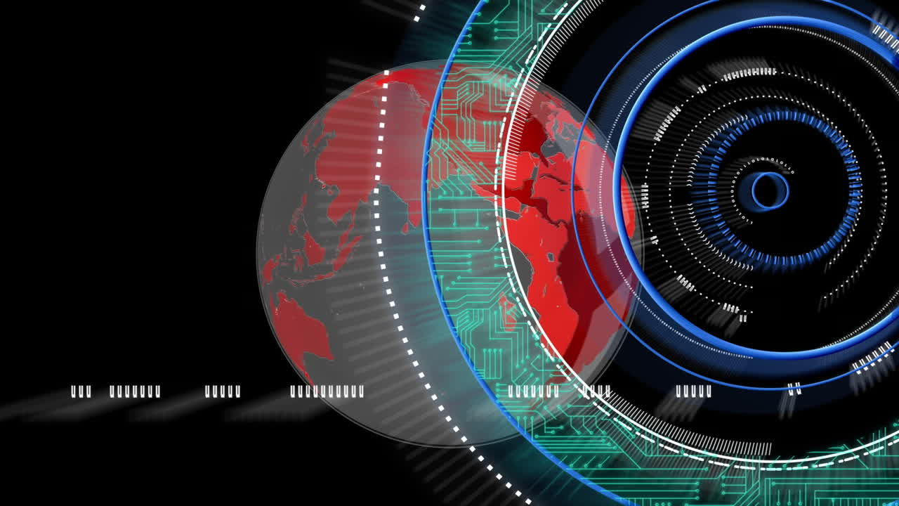 Animation of processing circle with integrated circuit over rotating globe