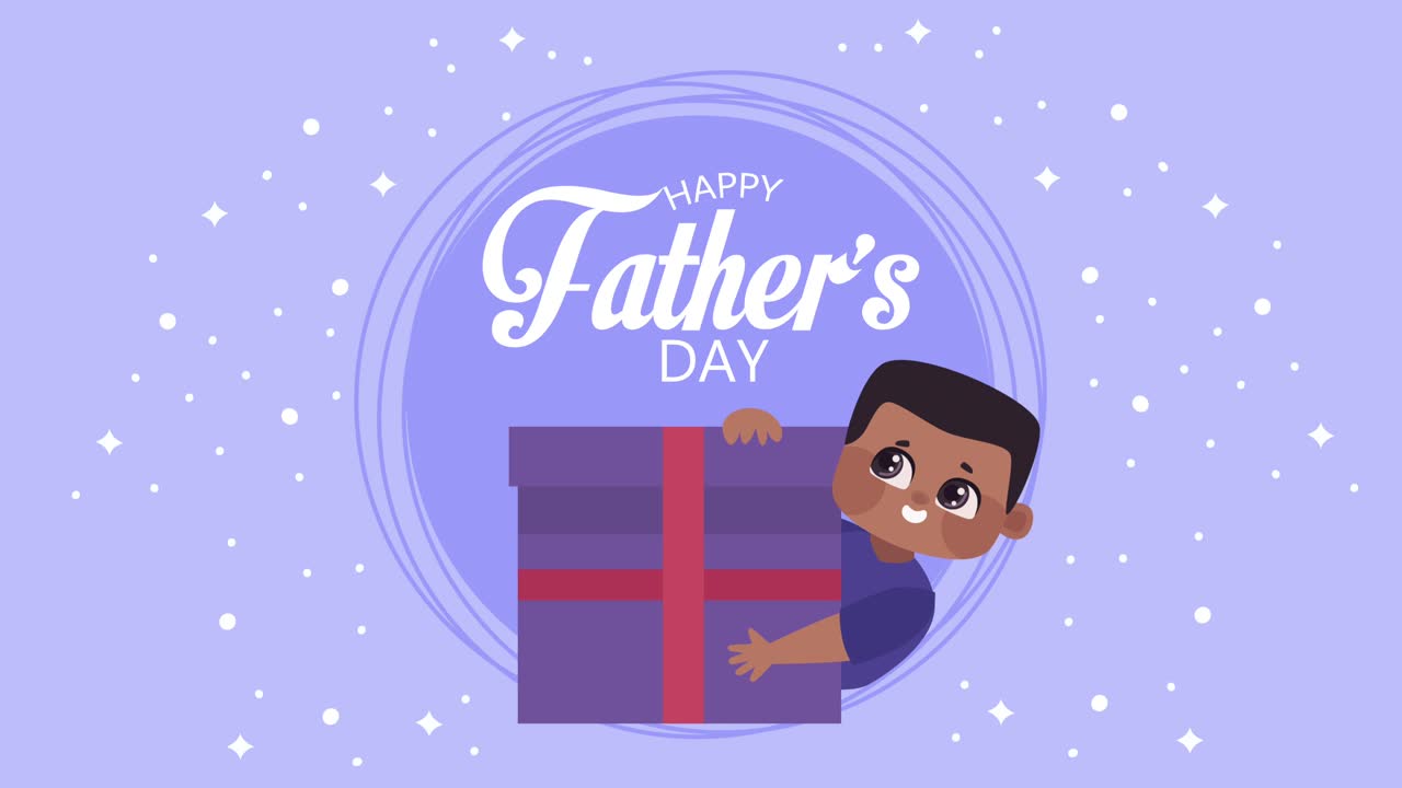fathers day lettering with afro boy and gift animation