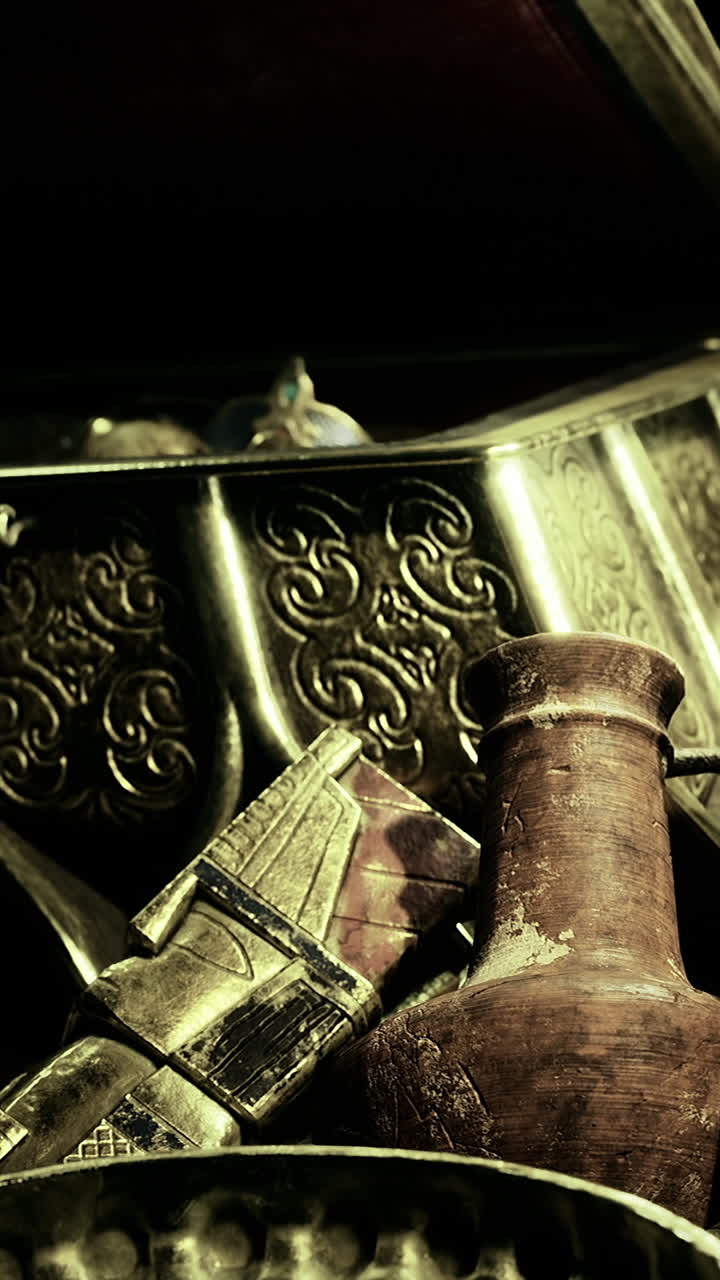 Artigianato e manufatti trovati in un mercato dell'antiquariato alla luce della sera.