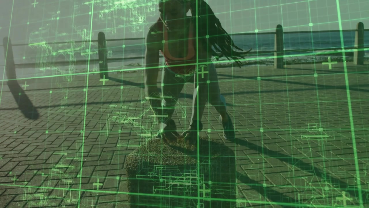 Fitness enthusiast nearing block on coastal path, doing push-ups while green grid scanning motion