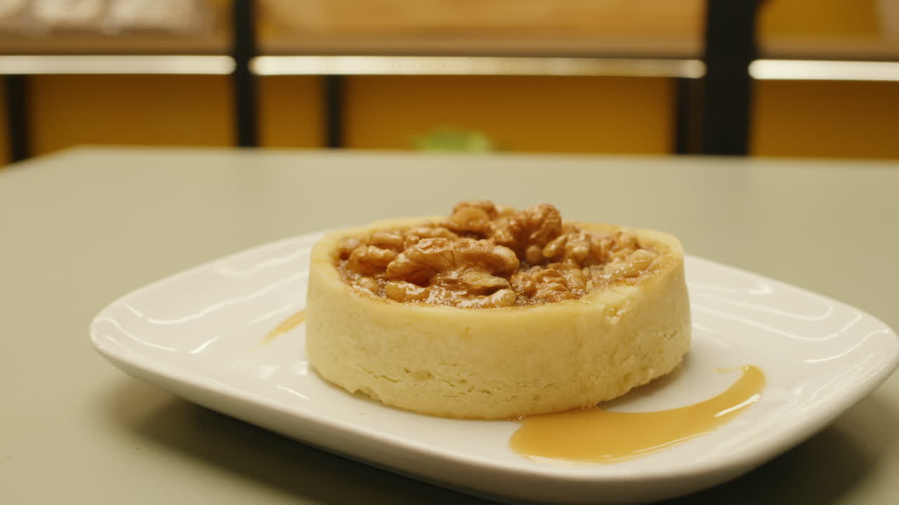 Close-up of a delicious caramel walnut tart served on a white plate. Handmade dessert with a golden, shiny texture