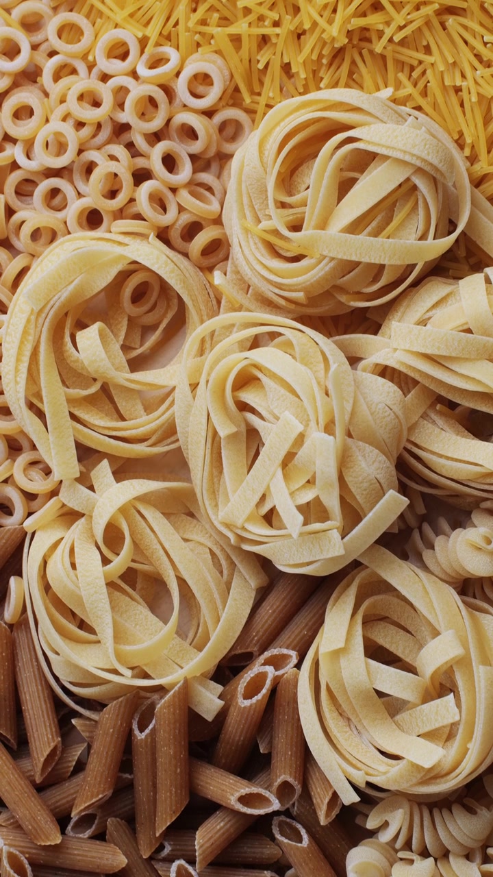 Close-up Top View of Assorted Dry Pasta Varieties