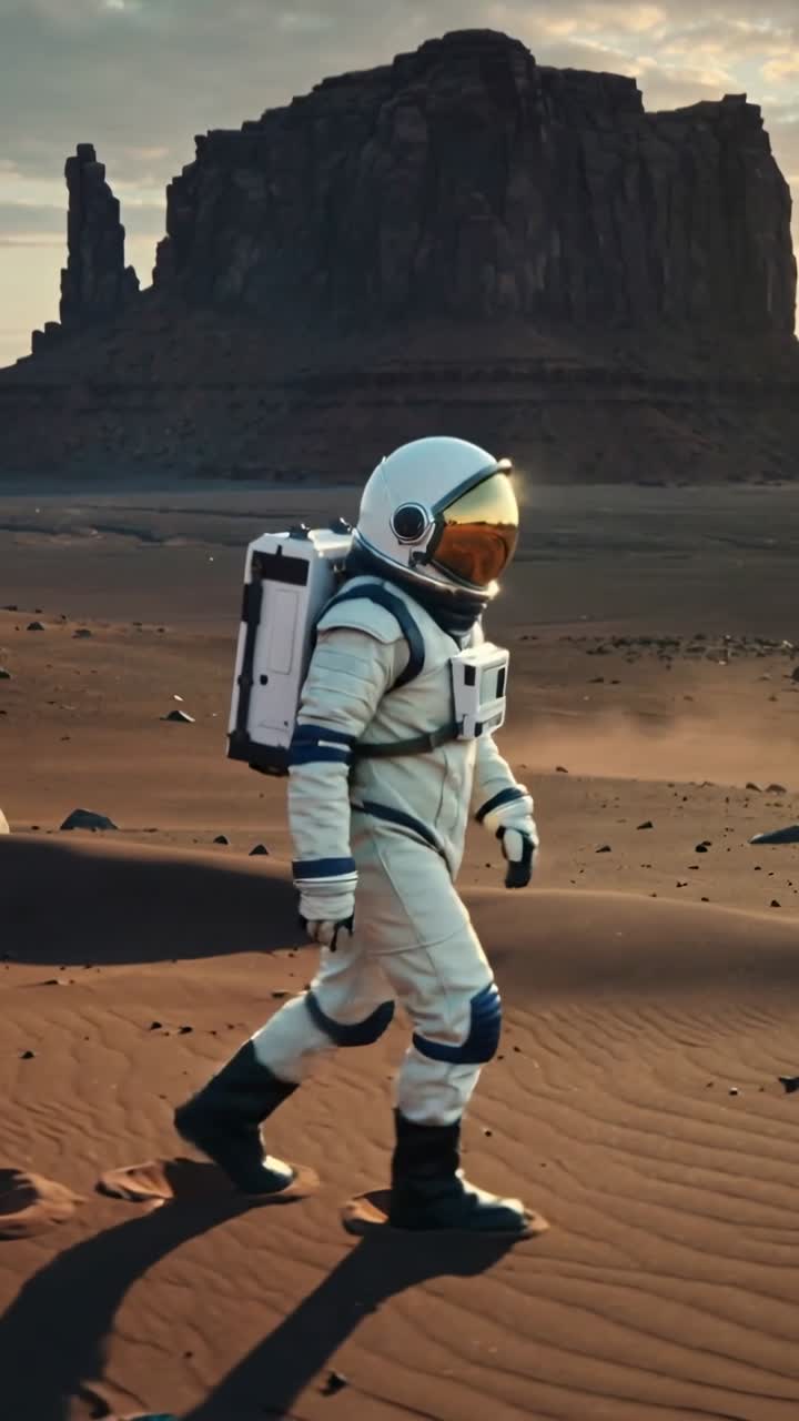 Wideo pionowe: Idący astronauta w skafandrze przemierza czerwony piasek, kamera rozpoczyna ruch na wózku, wizjer odbija płaskowyż.