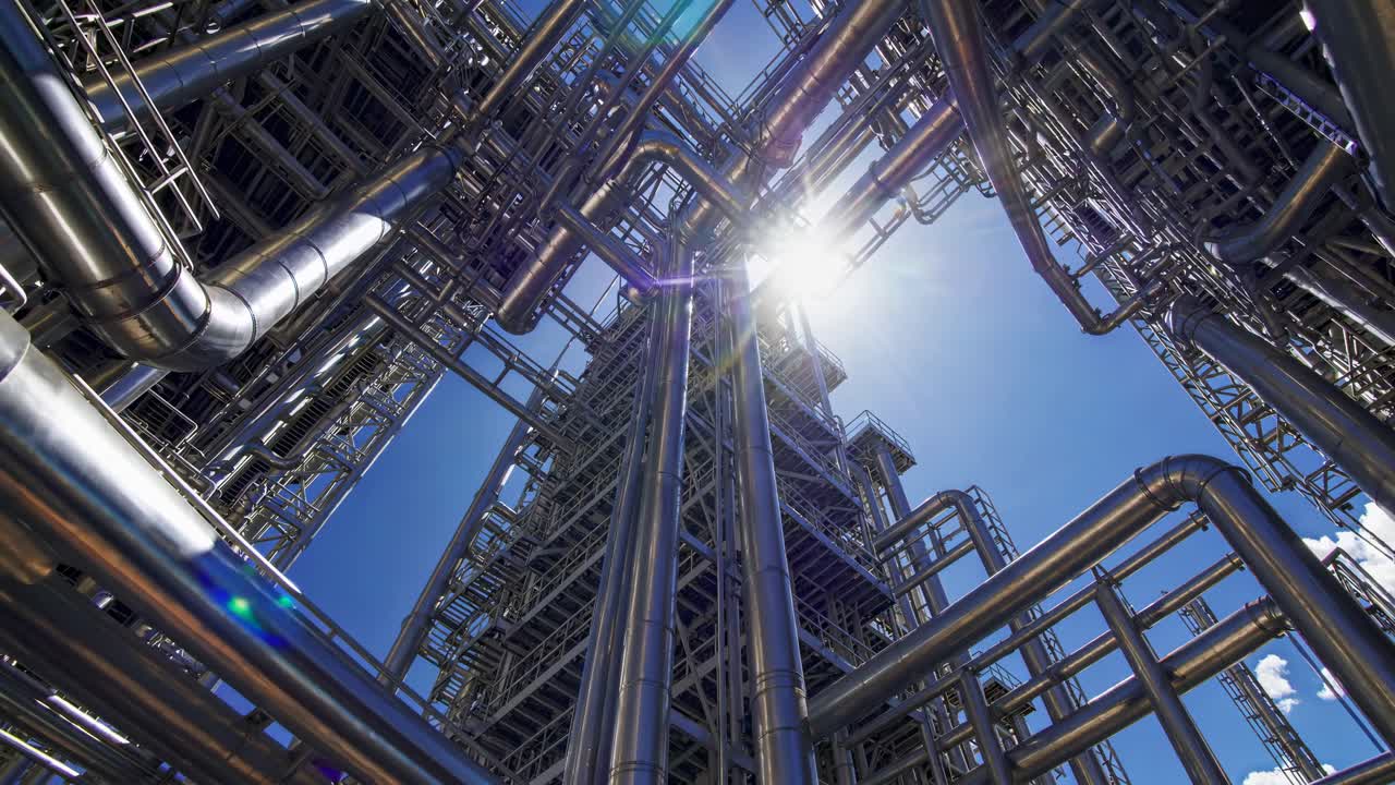 A low-angle video shot of industrial metal pipes against a clear blue sky, emphasizing structure