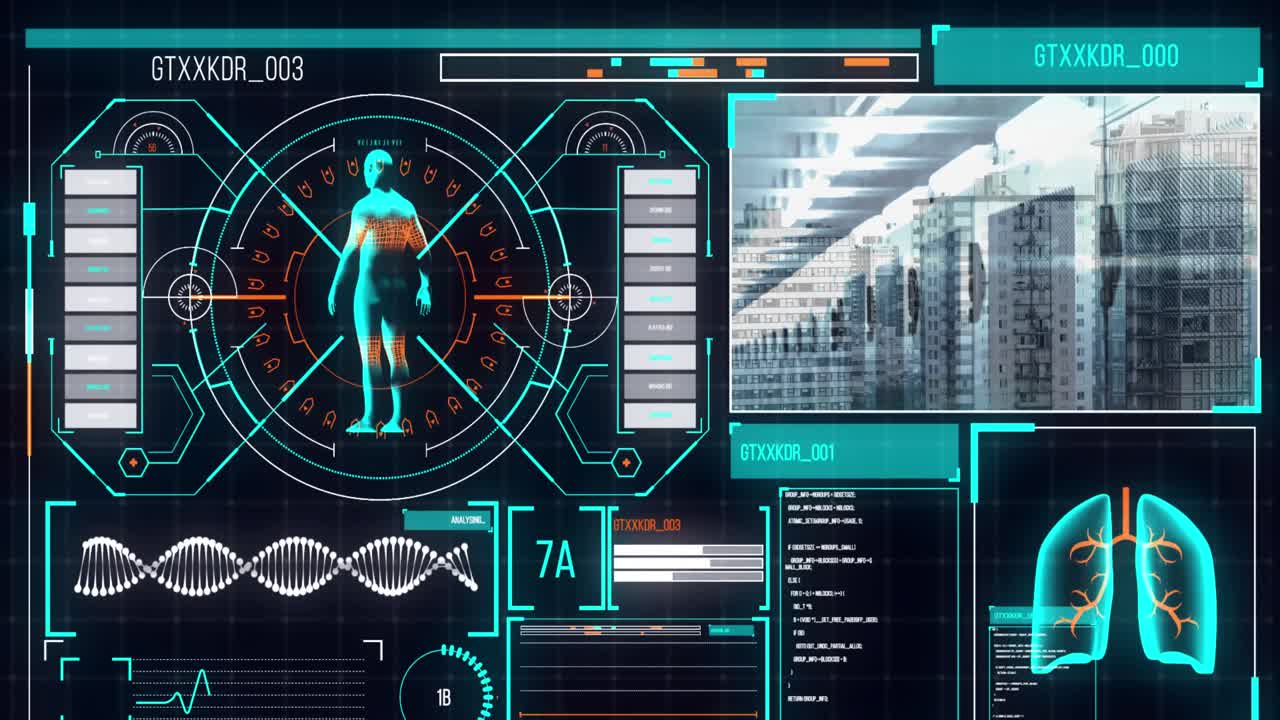 animación del procesamiento de datos médicos a través de cityscape y servidores informáticos