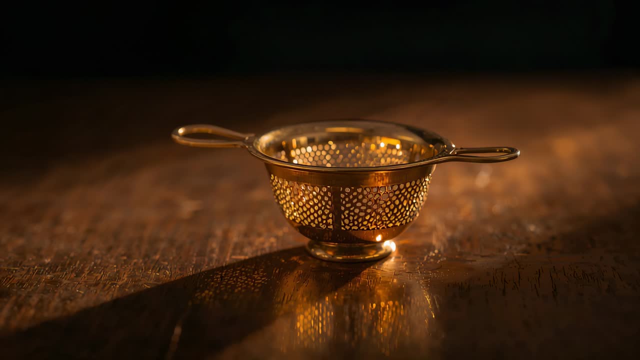Pushing camera in, warm light intensifying, brass mesh strainer on worn tabletop showing craft