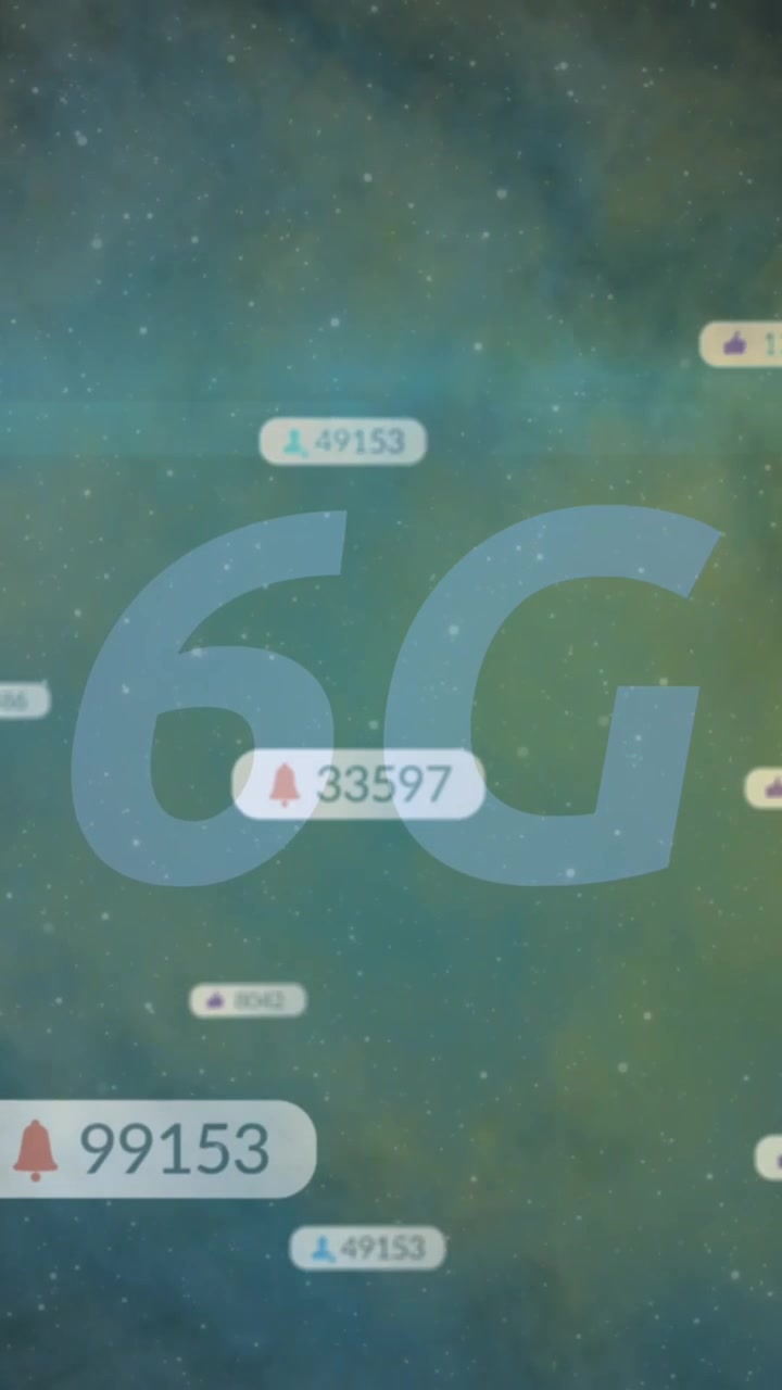 Animation of 6g text, social media icons on banners over clouds of smoke