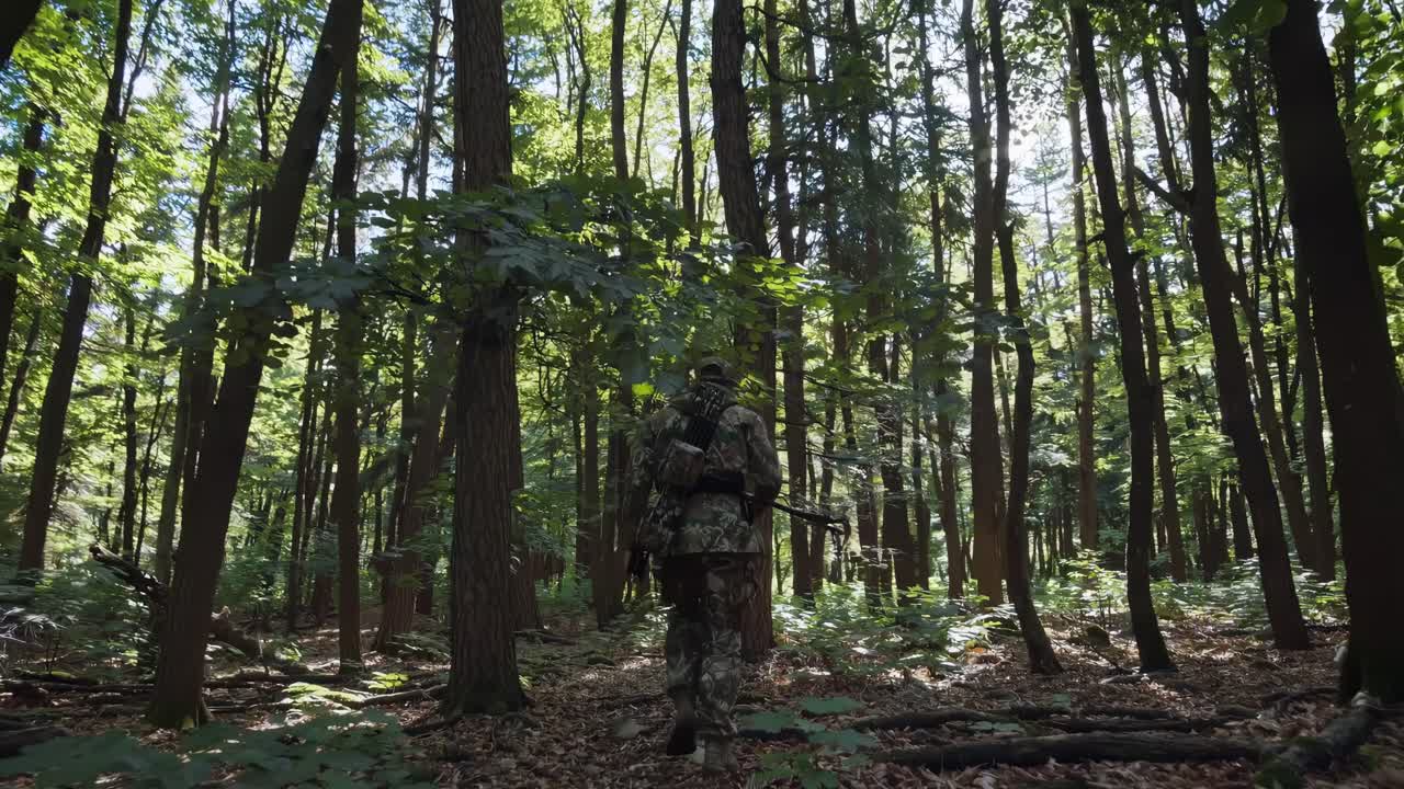 Un soldato in mimetica cammina attraverso una fitta foresta, ripreso da una ripresa ad angolo basso