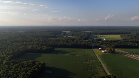 Una-Vista-Aérea,-En-Lo-Alto-De-Vastas-Tierras-De-Cultivo-Y-árboles-En-Delaware-En-Un-Día-Soleado.