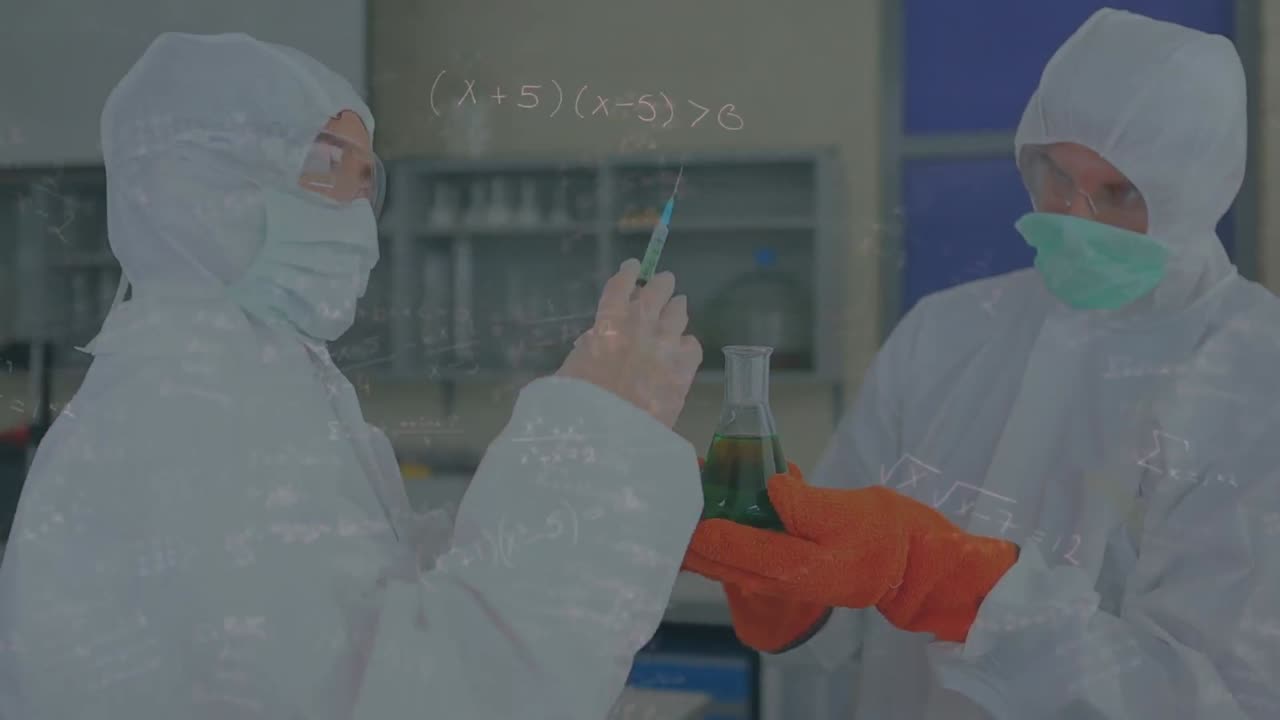 실험실 도시 풍경에서 다양한 과학자에 대한 수학 방정식의 애니메이션