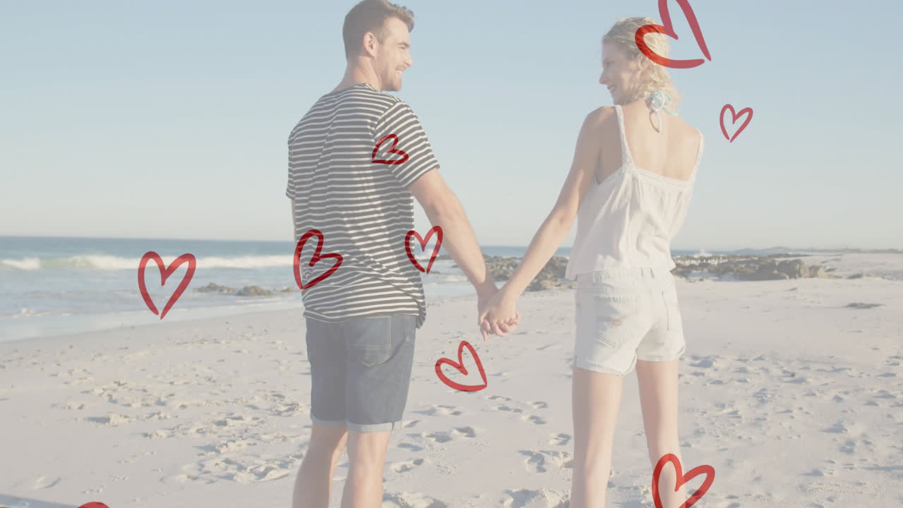 couple walking hand-in-hand on beach, presenting marketing concept with floating heart graphics