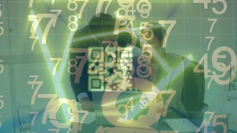 Animation-of-changing-numbers-and-qr-code-over-caucasian-businessman-and-businesswoman-discussing