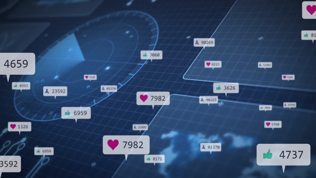 Animation of social media icons over digital world map with data visualization