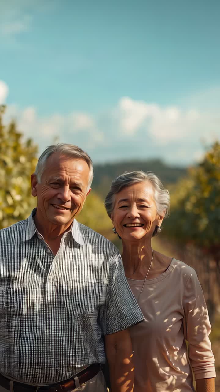 Vertical video: Frames starting with smiles, leaning, laughing seniors in vineyard, checkered shirt