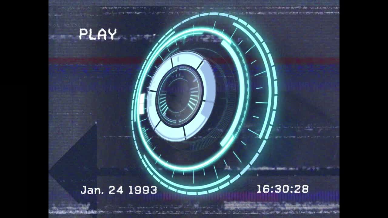 Animation of glitch technique over video screen with glowing circles against arrow in background