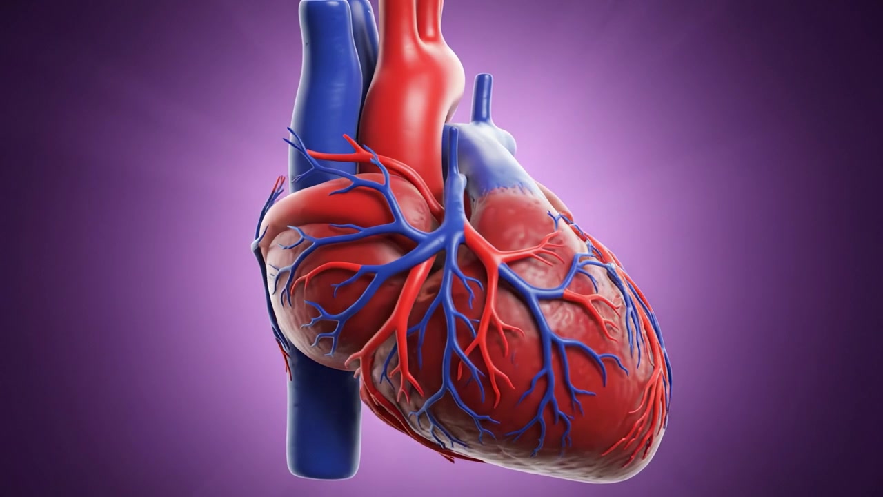A Detailed Visualization of the Human Heart Illustrating Anatomy, Blood Vessels, and Circulatory System Dynamics in Vibrant Colors and Complex Structures