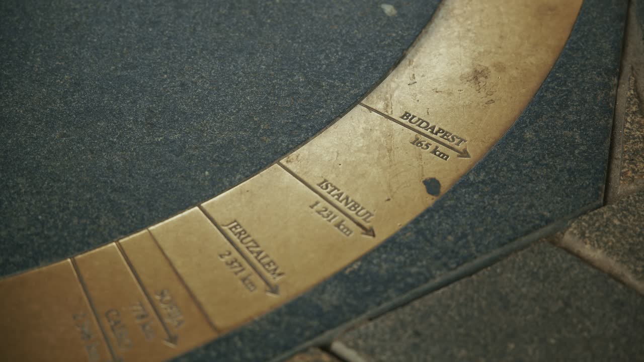 Close up of a metal distance marker in Bratislava Michael's Gate showing distances to major cities
