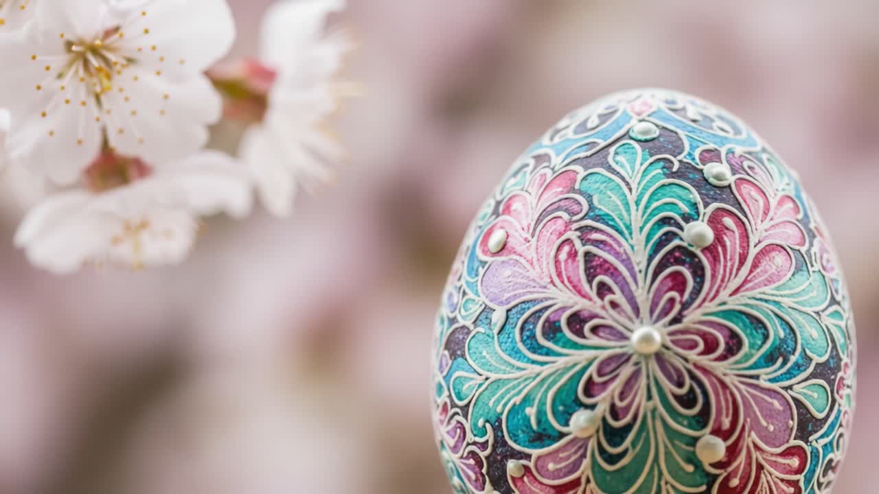 Uovo decorativo finemente ornato, circondato da fioriture primaverili, che esibisce motivi intricati e colori vivaci in una celebrazione della bellezza della natura.